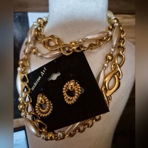 Napier 2 Gold Pearl Link Necklace and Earrings Set